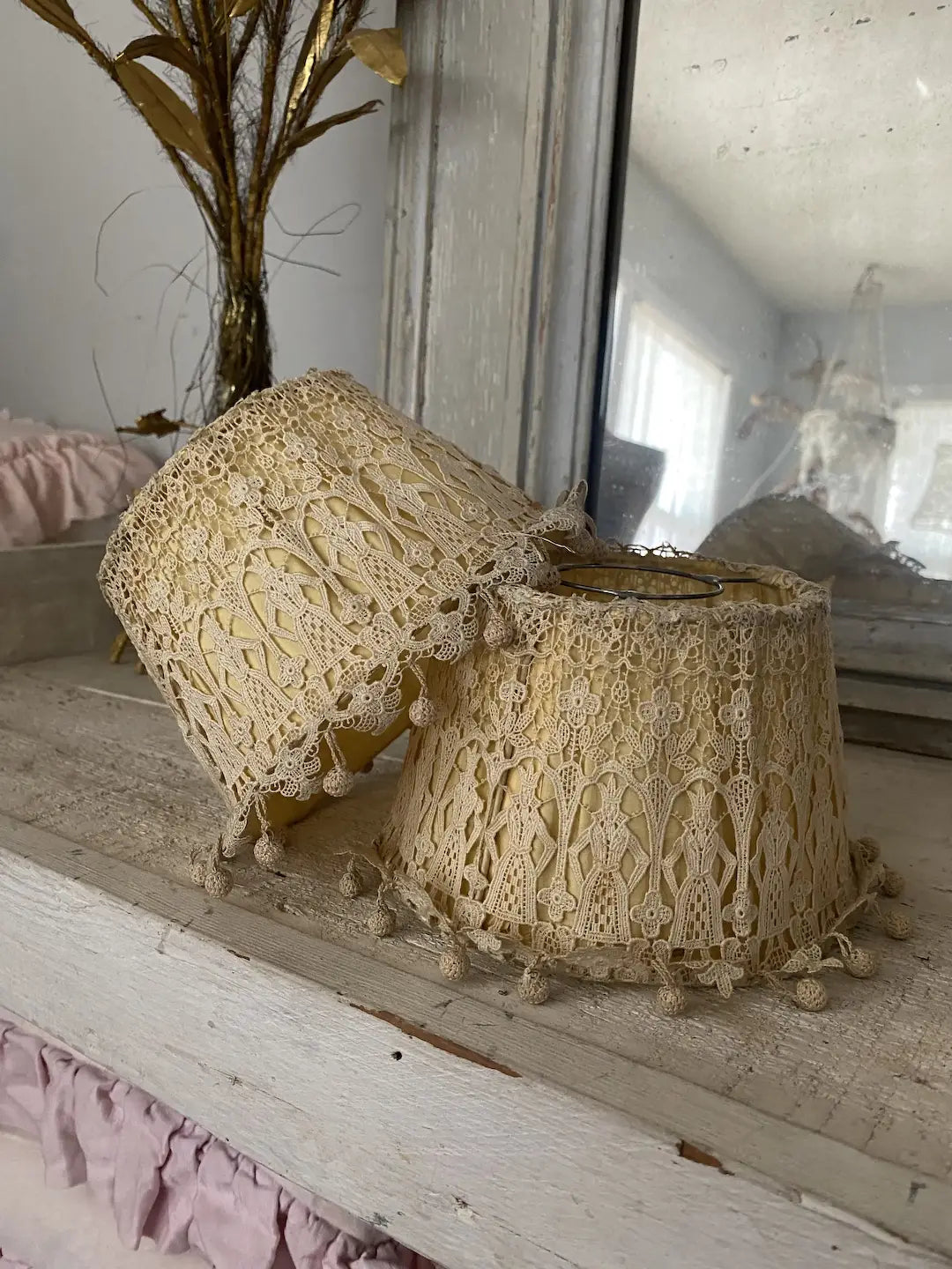 Antique Pair Figural Lace Boudoir Lamp Shade Covers