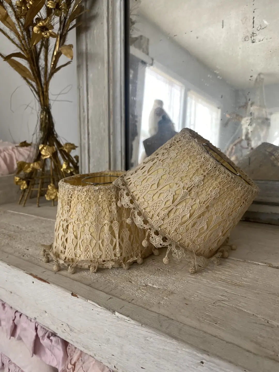 Antique Pair Figural Lace Boudoir Lamp Shade Covers