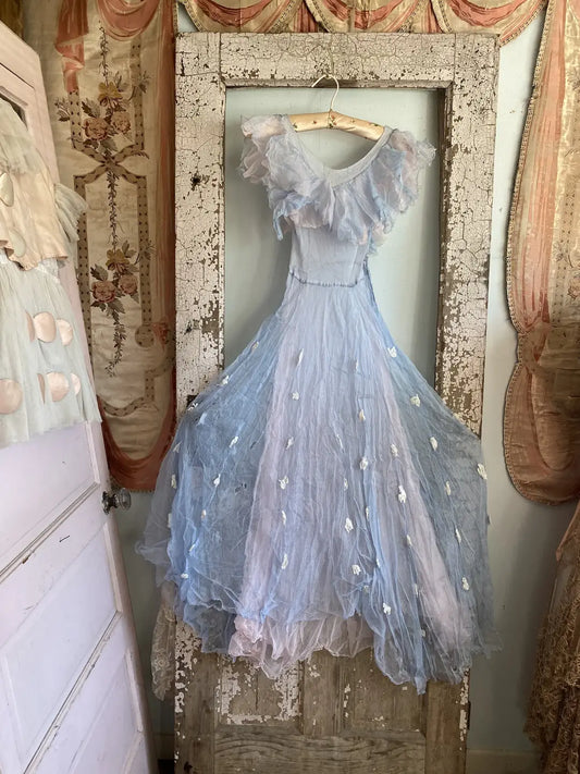 Antique Pink Blue Net Lace Dress Ballet Costume