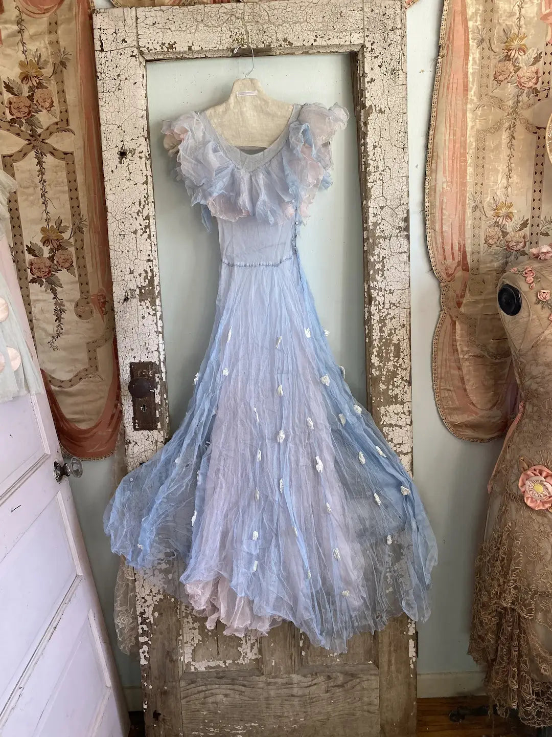 Antique Pink Blue Net Lace Dress Ballet Costume