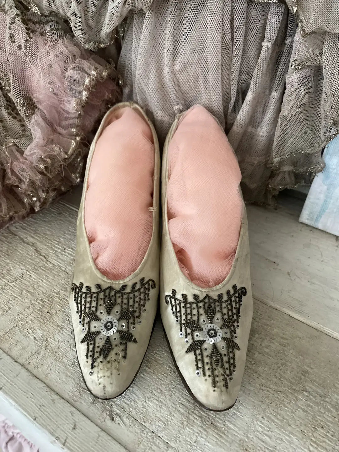 Antique Silk Beaded Sequin Bridal Shoes