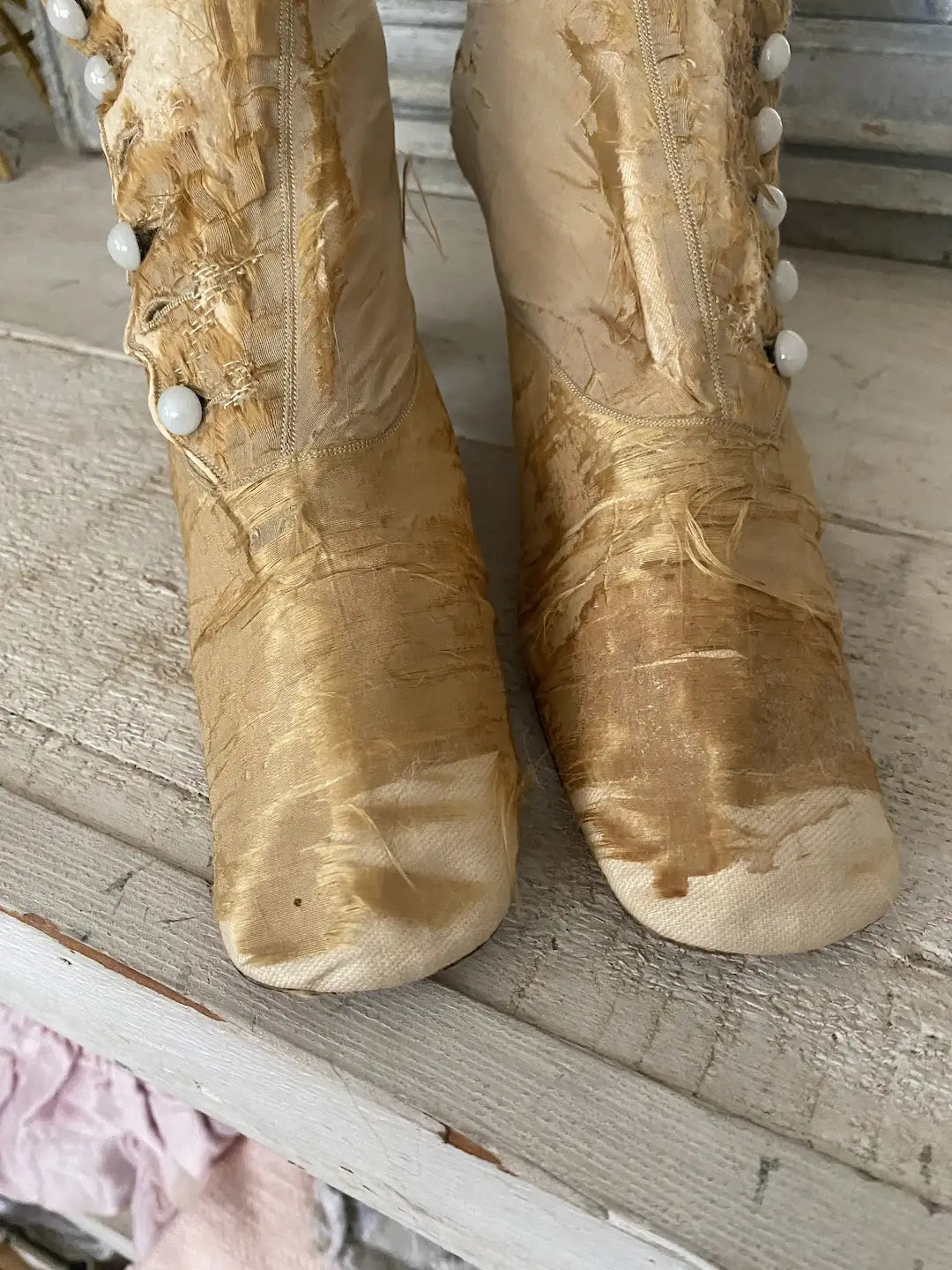 Antique Silk Boots Shoes Gold Tan Opaque Glass Buttons