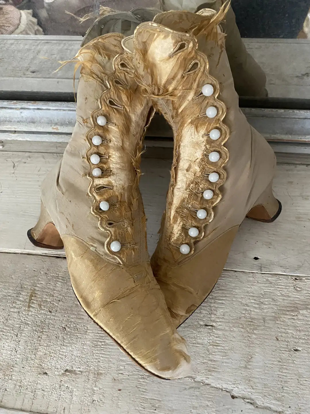 Antique Silk Boots Shoes Gold Tan Opaque Glass Buttons