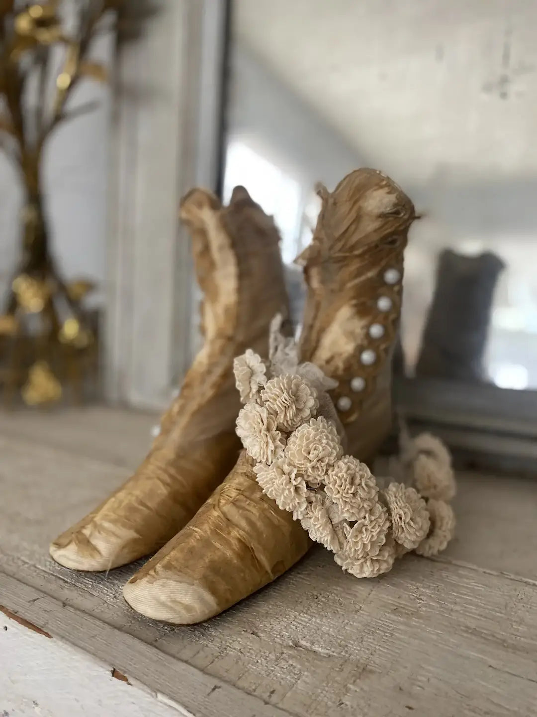 Antique Silk Boots Shoes Gold Tan Opaque Glass Buttons