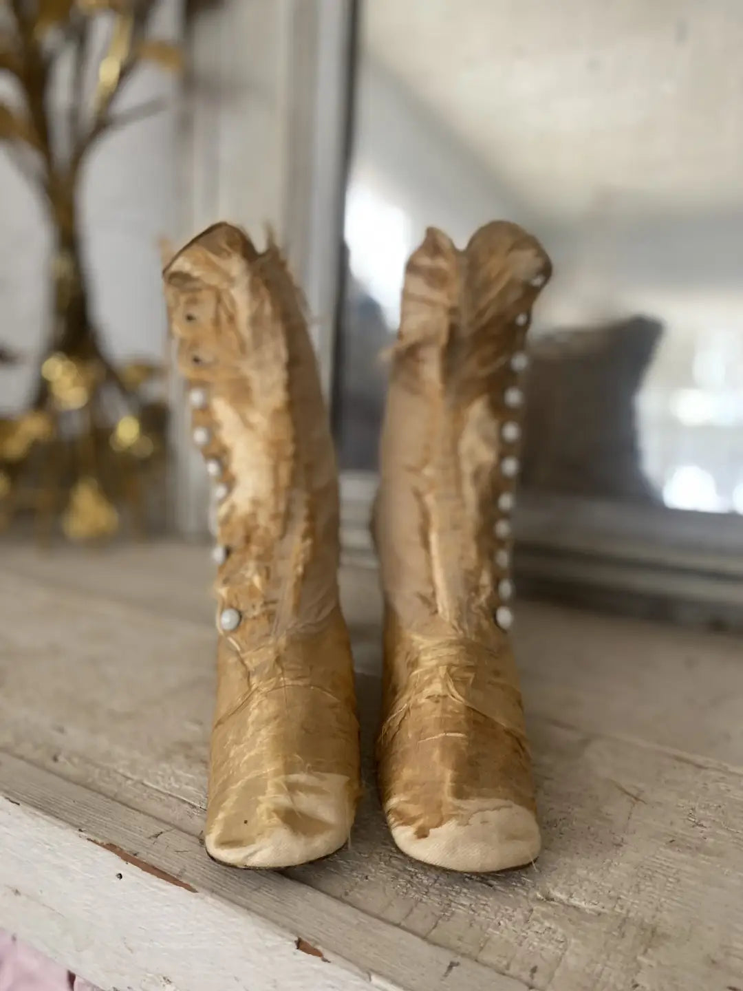 Antique Silk Boots Shoes Gold Tan Opaque Glass Buttons