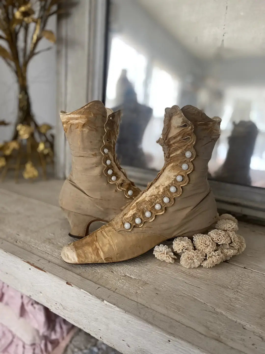 Antique Silk Boots Shoes Gold Tan Opaque Glass Buttons