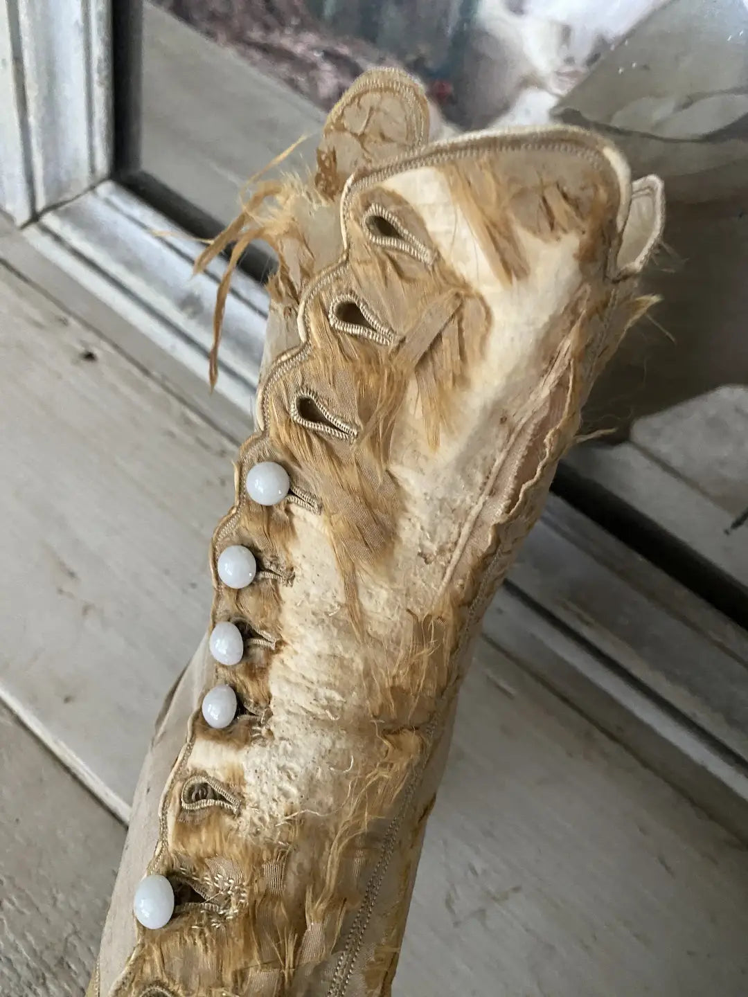 Antique Silk Boots Shoes Gold Tan Opaque Glass Buttons