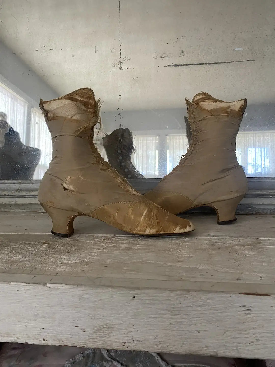 Antique Silk Boots Shoes Gold Tan Opaque Glass Buttons