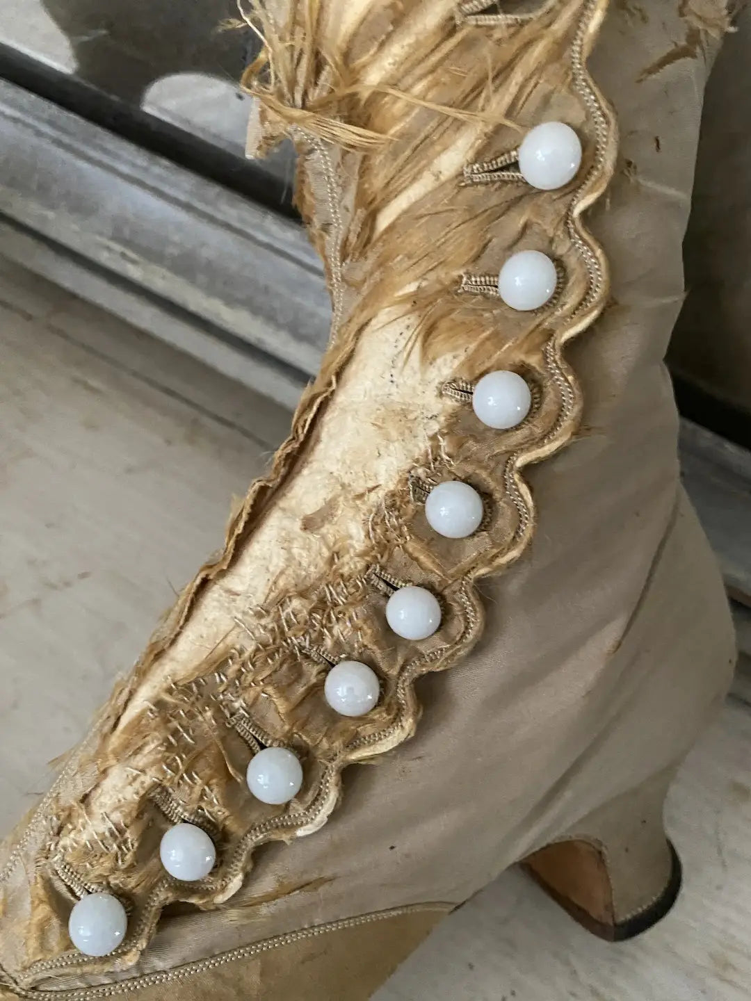 Antique Silk Boots Shoes Gold Tan Opaque Glass Buttons