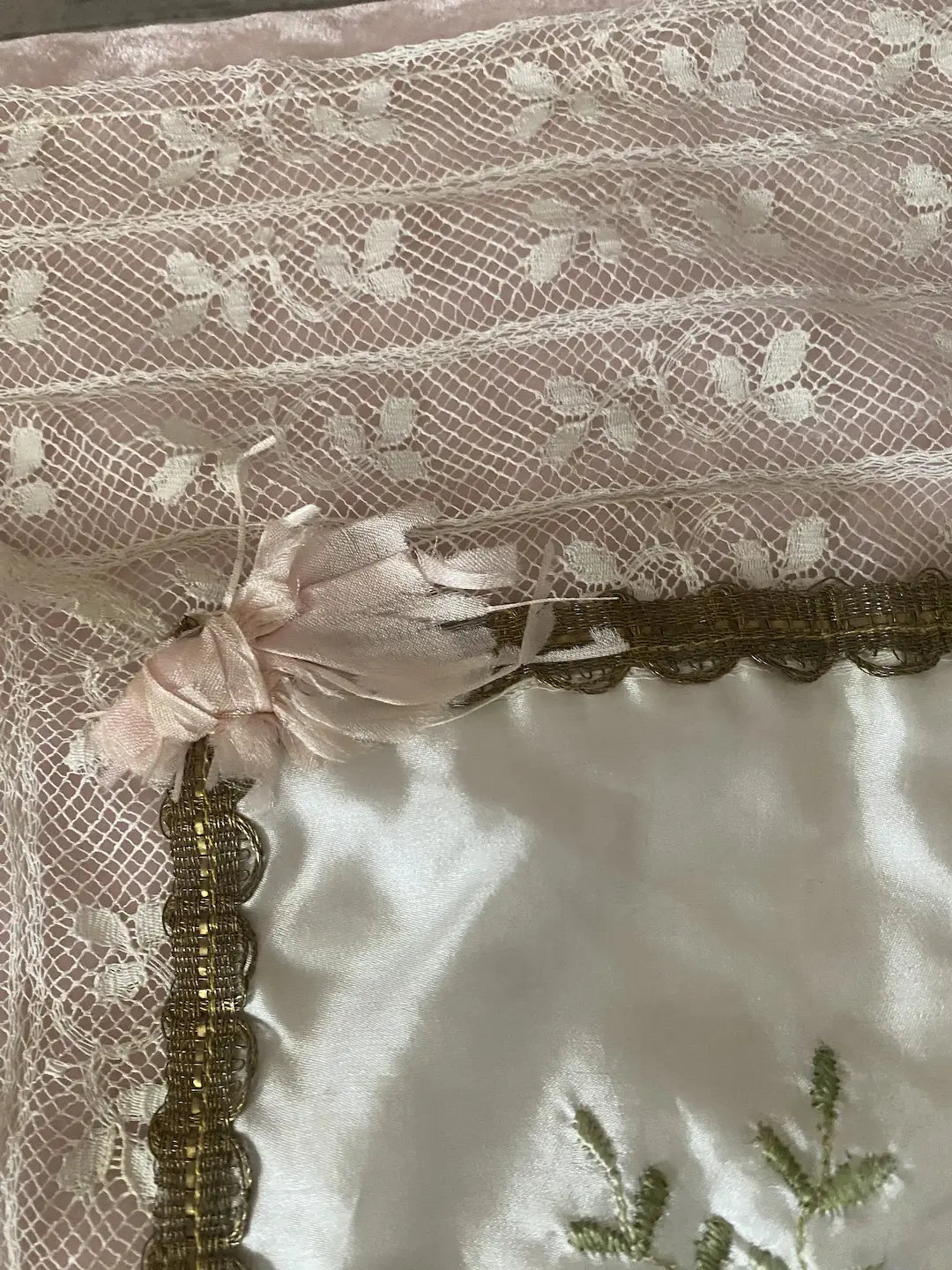 Antique France Silk Pillow Top Gold Metal Thread Flowers Lace Trim