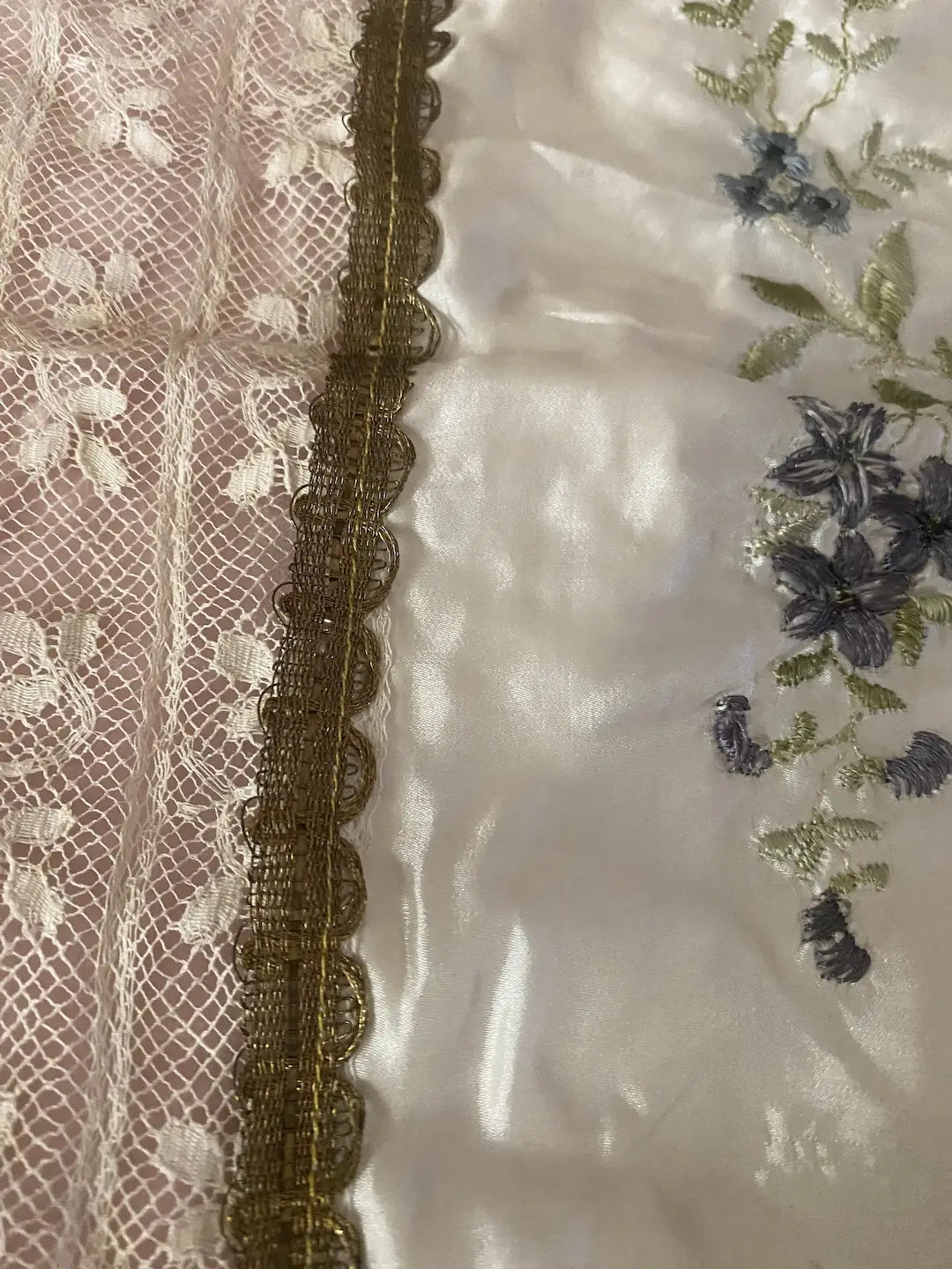 Antique France Silk Pillow Top Gold Metal Thread Flowers Lace Trim