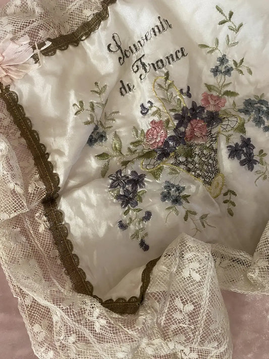 Antique France Silk Pillow Top Gold Metal Thread Flowers Lace Trim