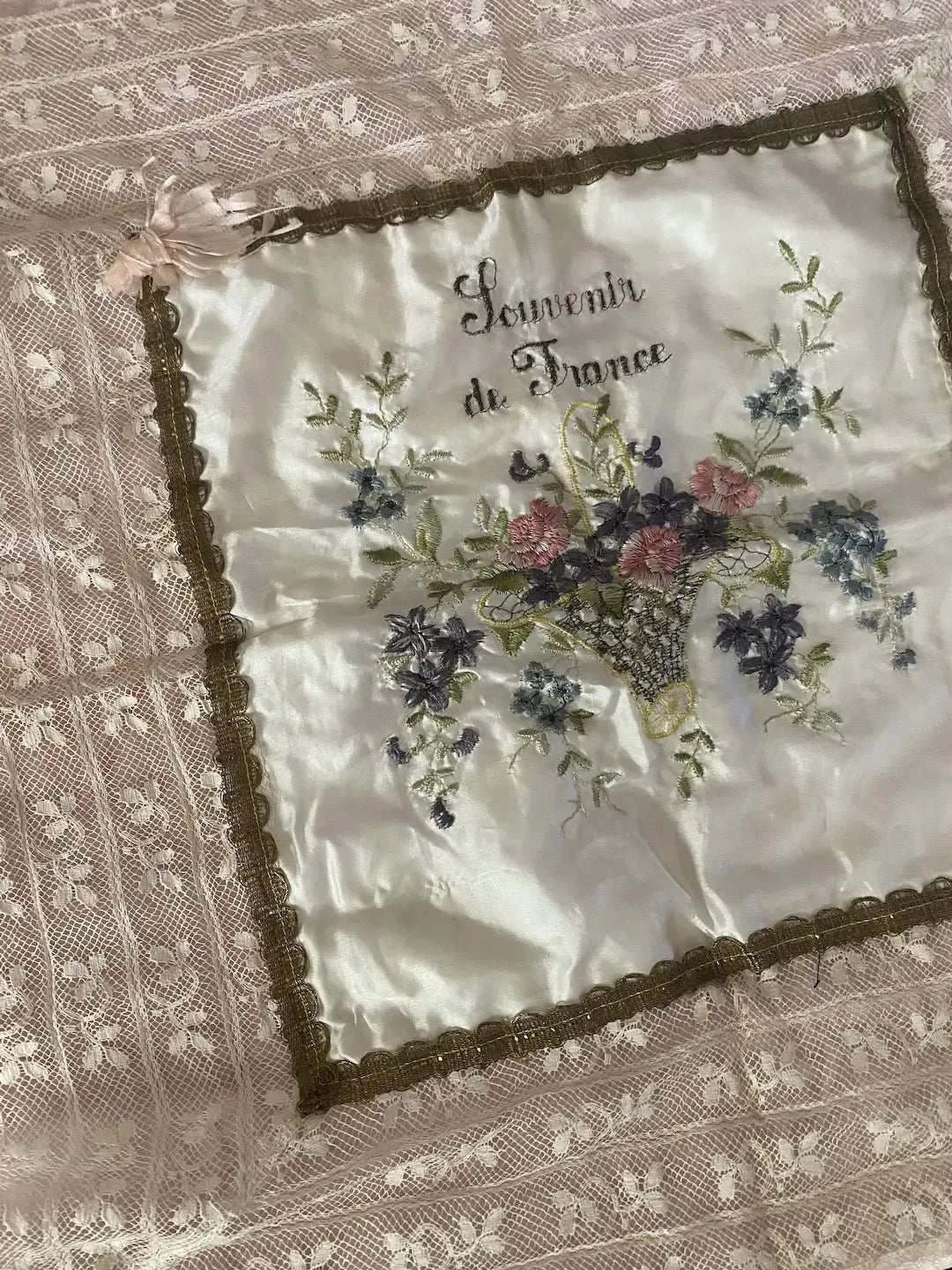 Antique France Silk Pillow Top Gold Metal Thread Flowers Lace Trim