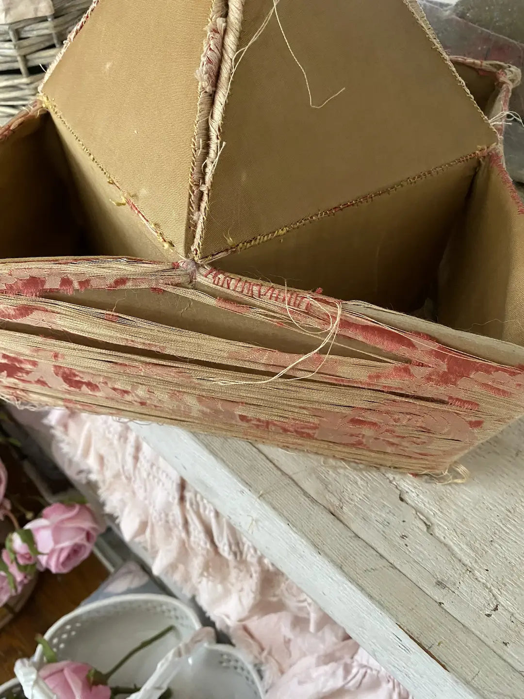 Antique Timeworn Fabric Sewing Box Pink Silk