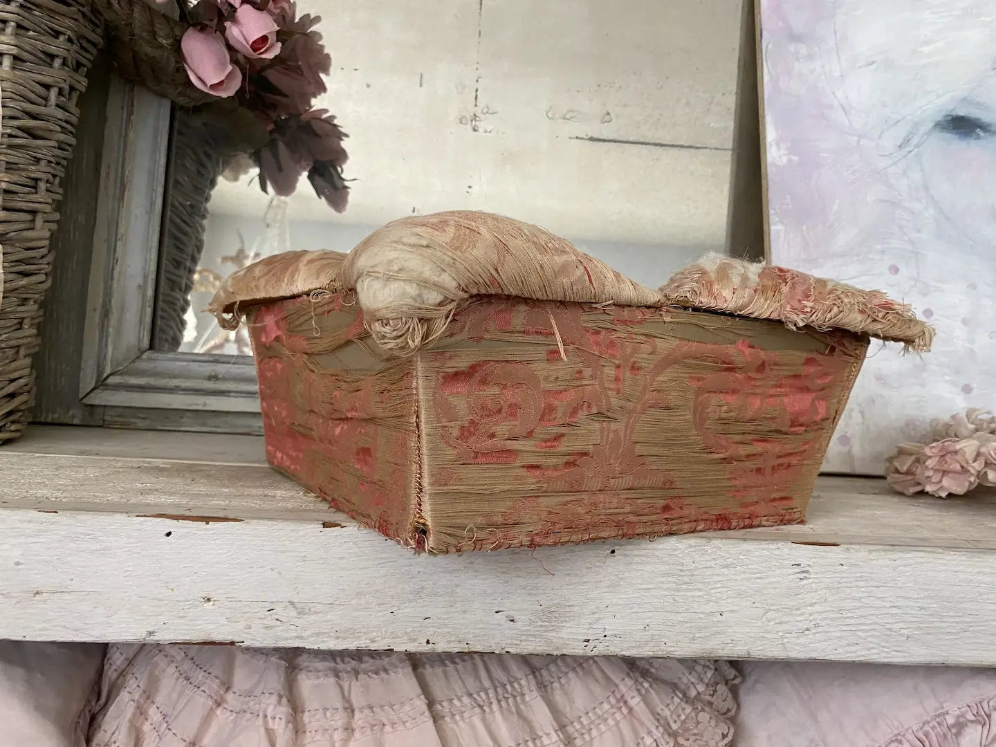 Antique Timeworn Fabric Sewing Box Pink Silk