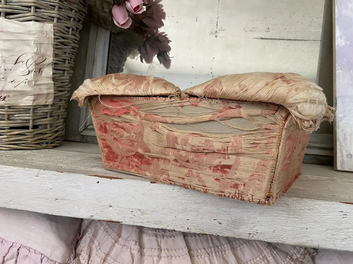 Antique Timeworn Fabric Sewing Box Pink Silk