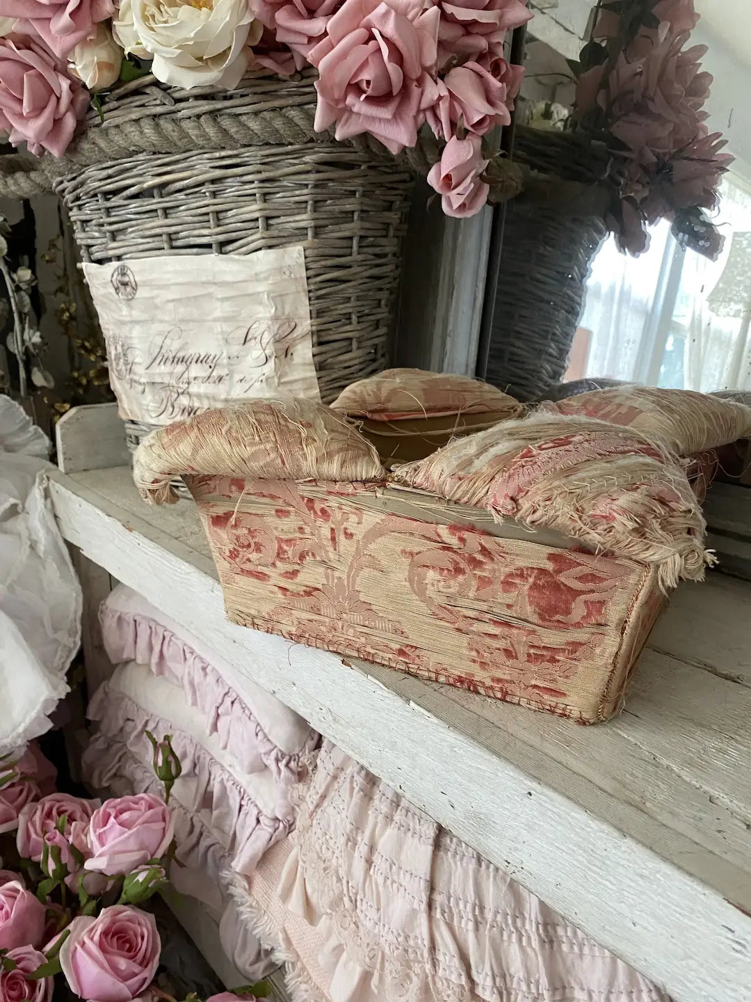 Antique Timeworn Fabric Sewing Box Pink Silk