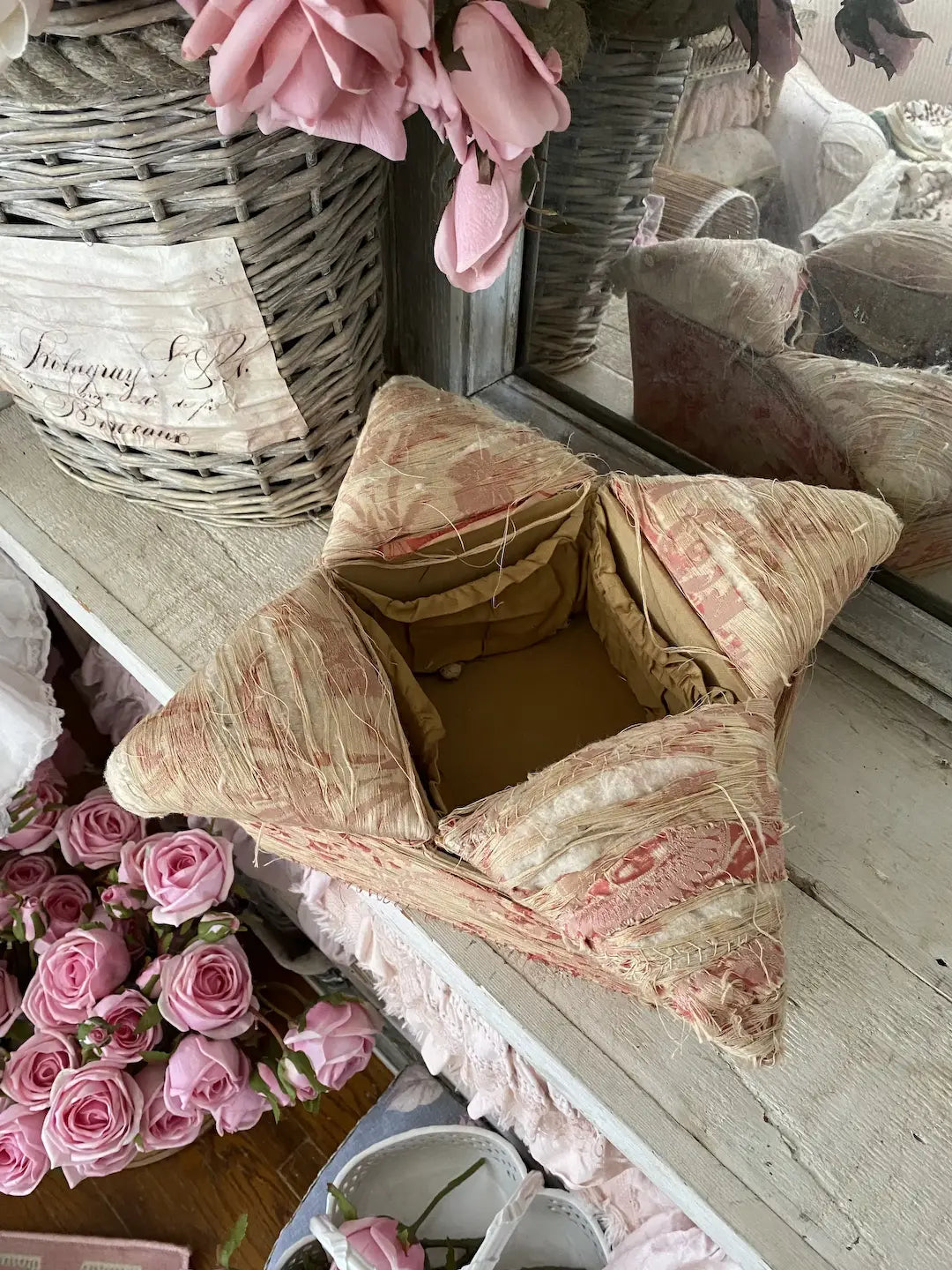 Antique Timeworn Fabric Sewing Box Pink Silk