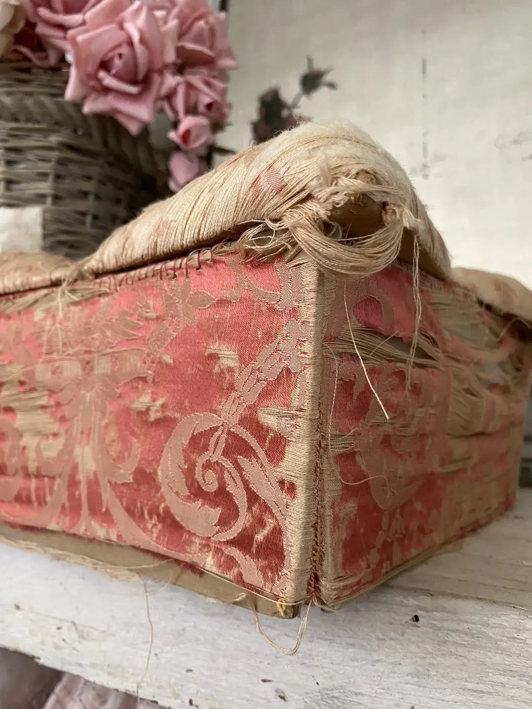 Antique Timeworn Fabric Sewing Box Pink Silk