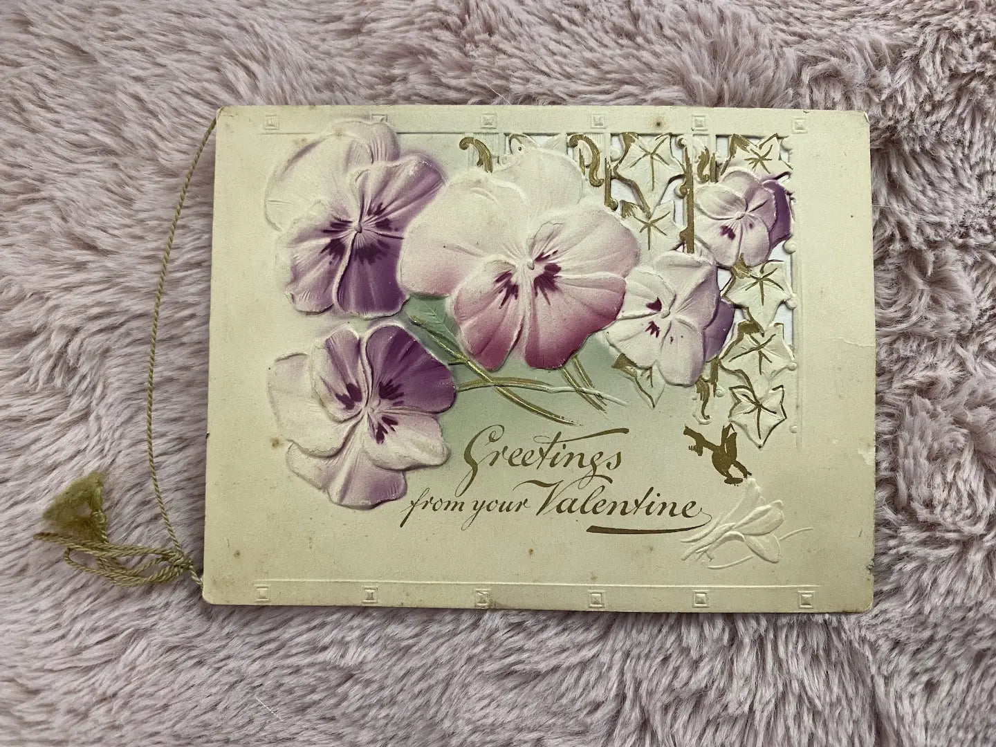 Antique Valentine Greeting Card Booklet Purple Pansies