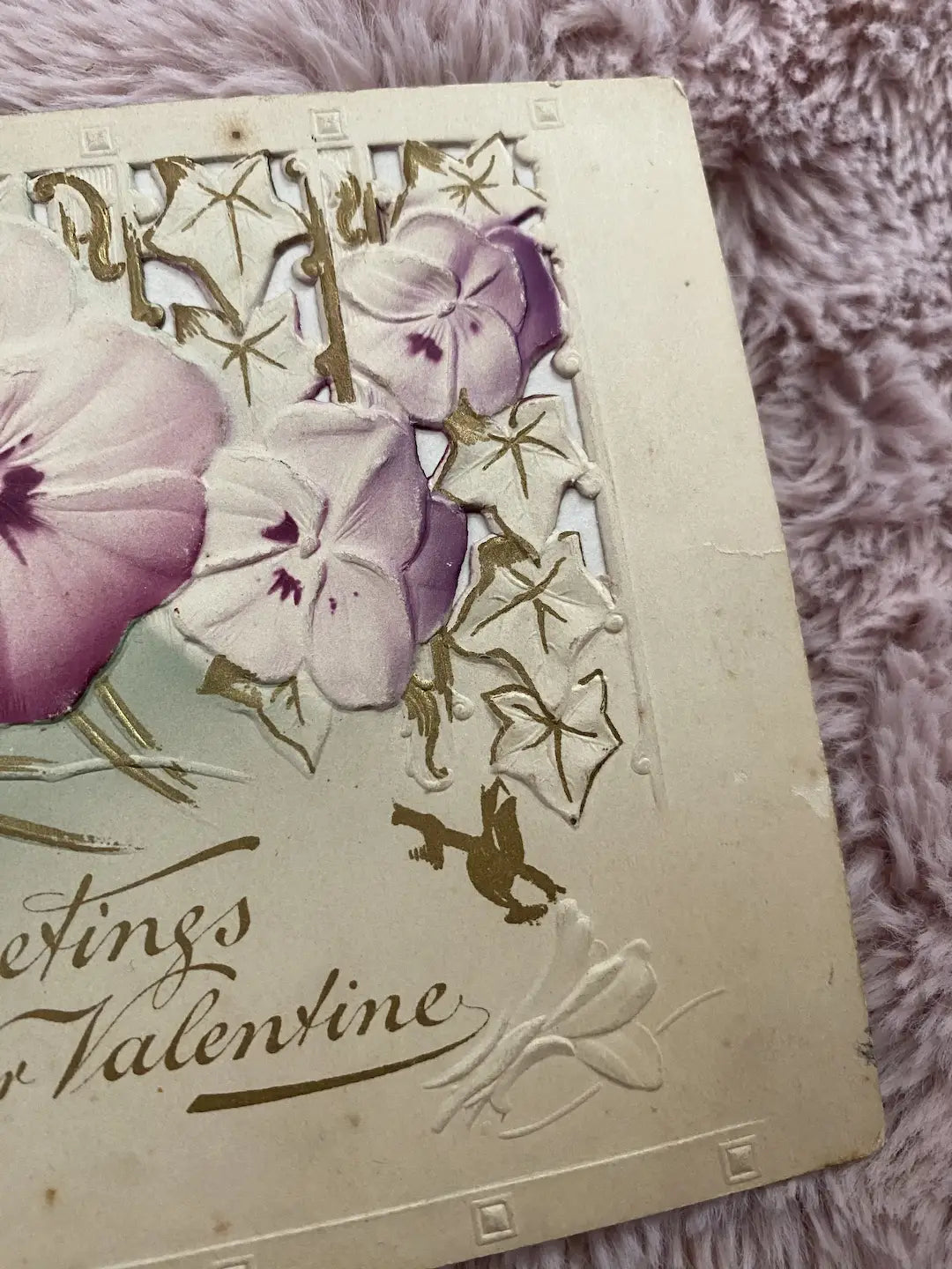 Antique Valentine Greeting Card Booklet Purple Pansies