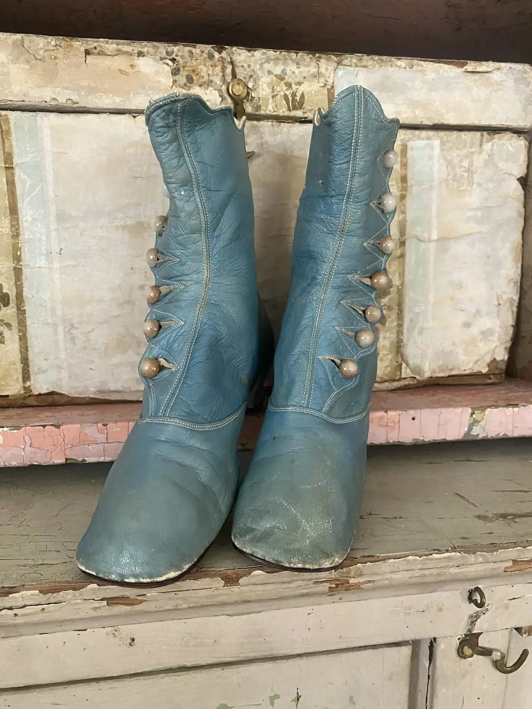 Antique Victorian Blue Leather Boots Shoes