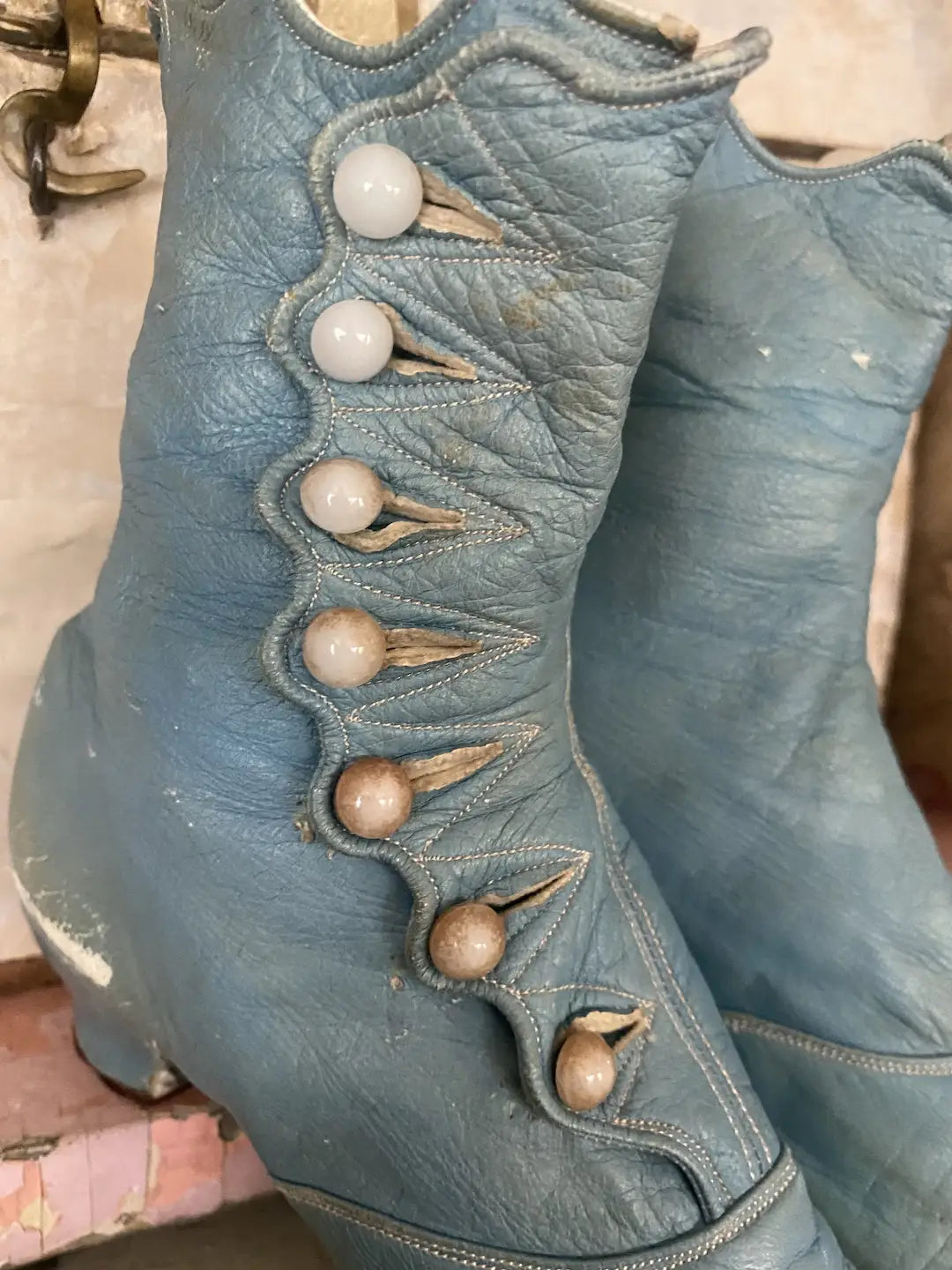 Antique Victorian Blue Leather Boots Shoes