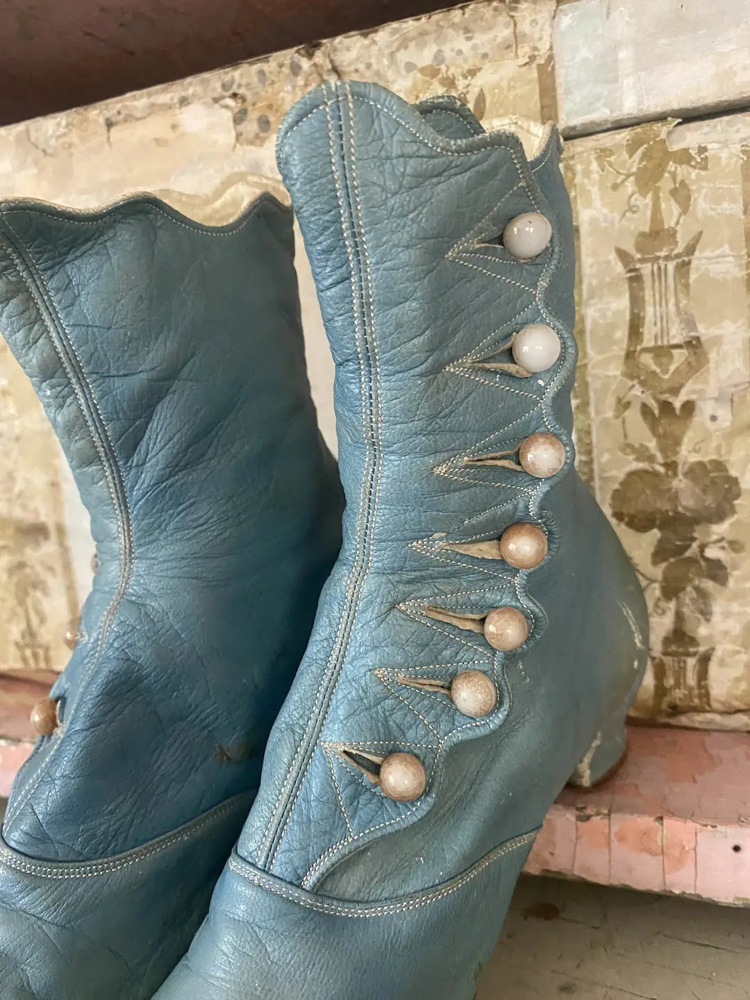 Antique Victorian Blue Leather Boots Shoes