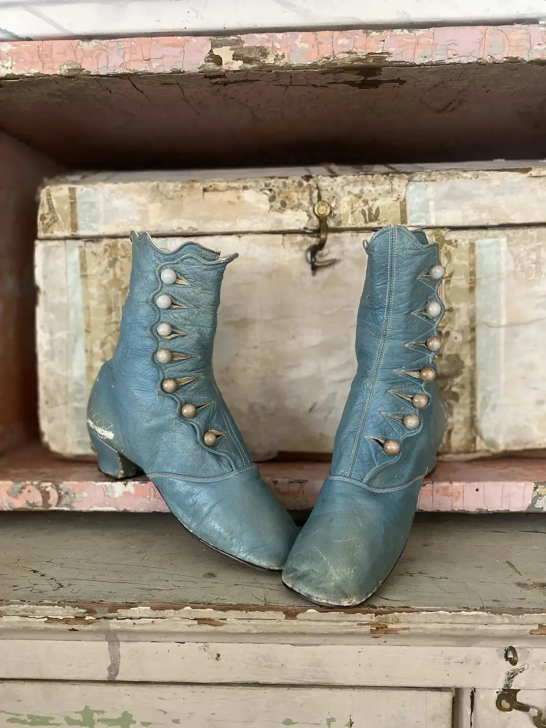 Antique Victorian Blue Leather Boots Shoes