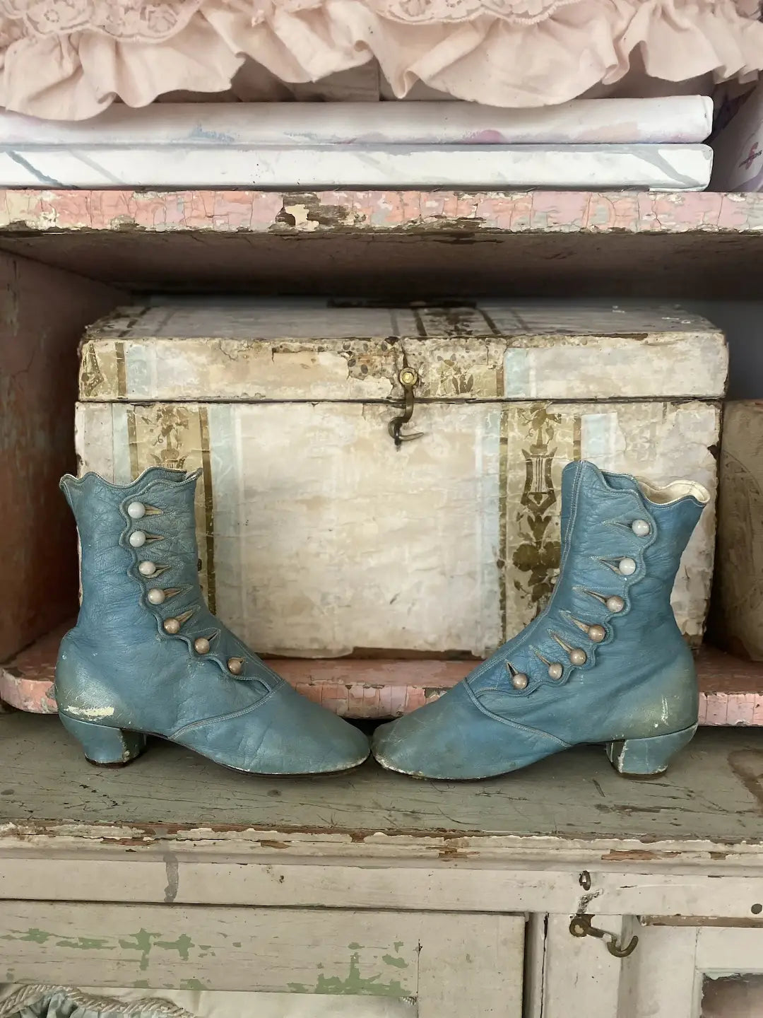 Antique Victorian Blue Leather Boots Shoes