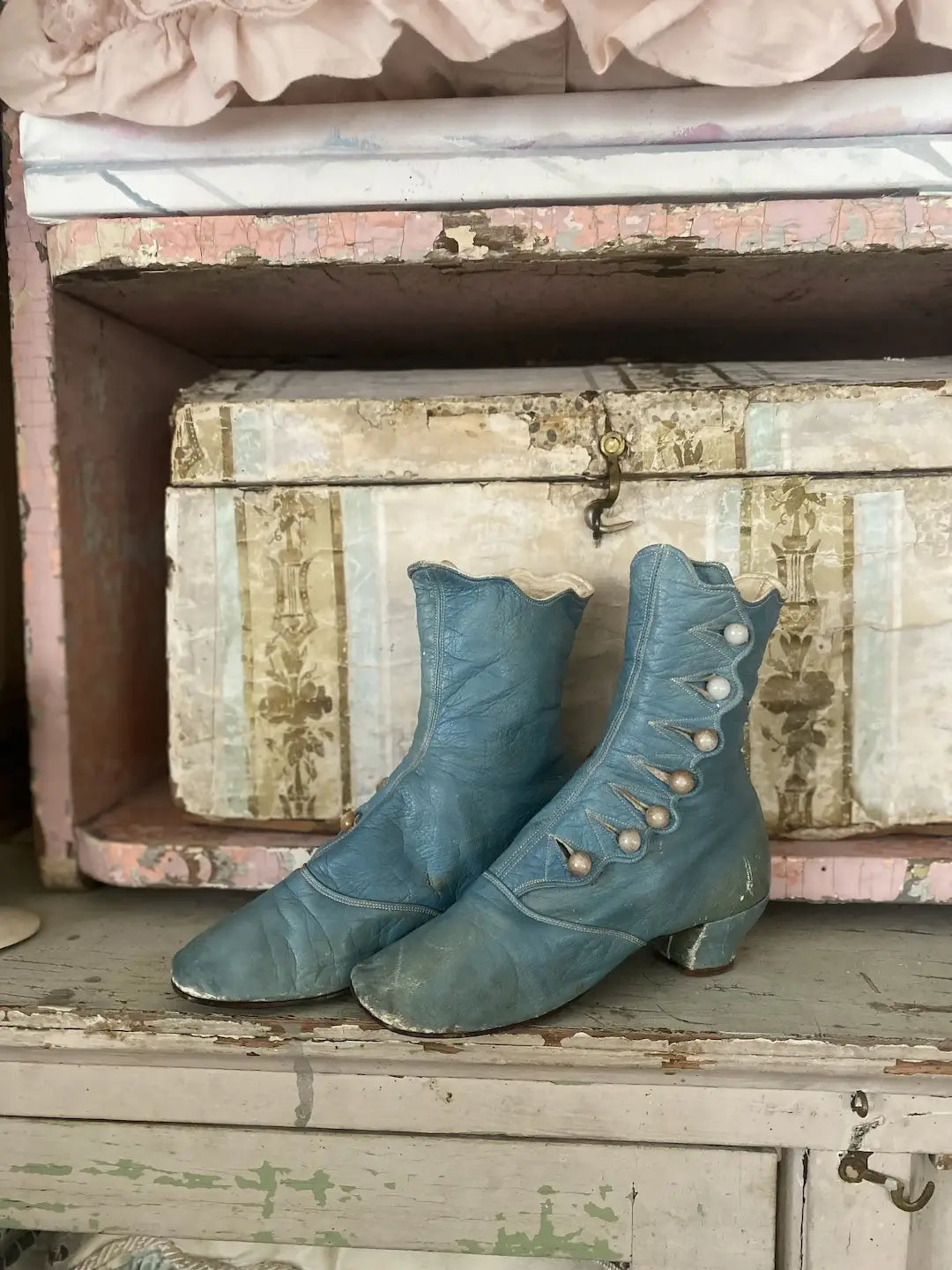 Antique Victorian Blue Leather Boots Shoes