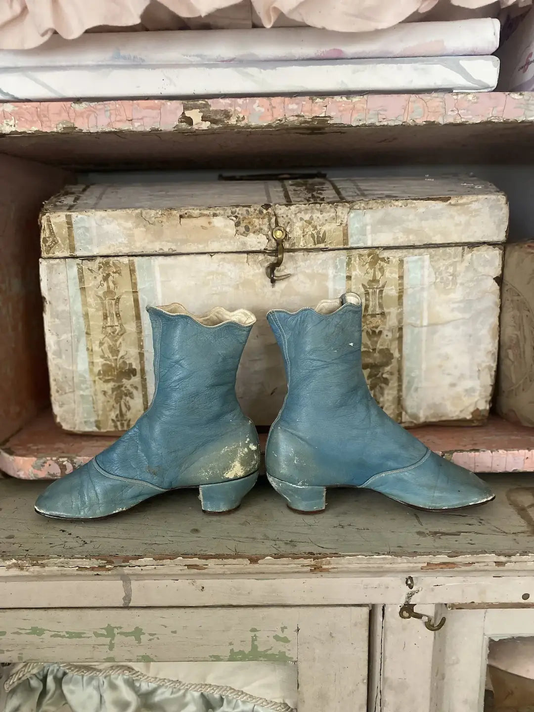 Antique Victorian Blue Leather Boots Shoes