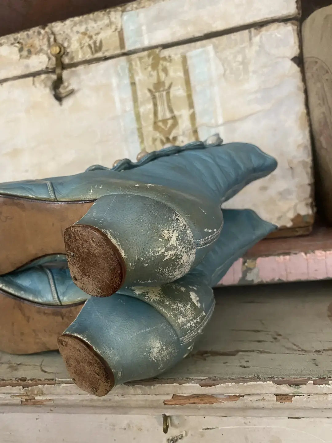 Antique Victorian Blue Leather Boots Shoes