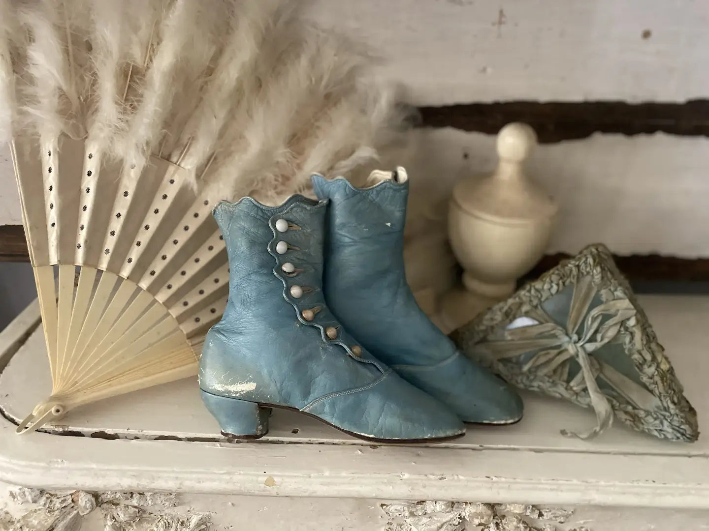 Antique Victorian Blue Leather Boots Shoes