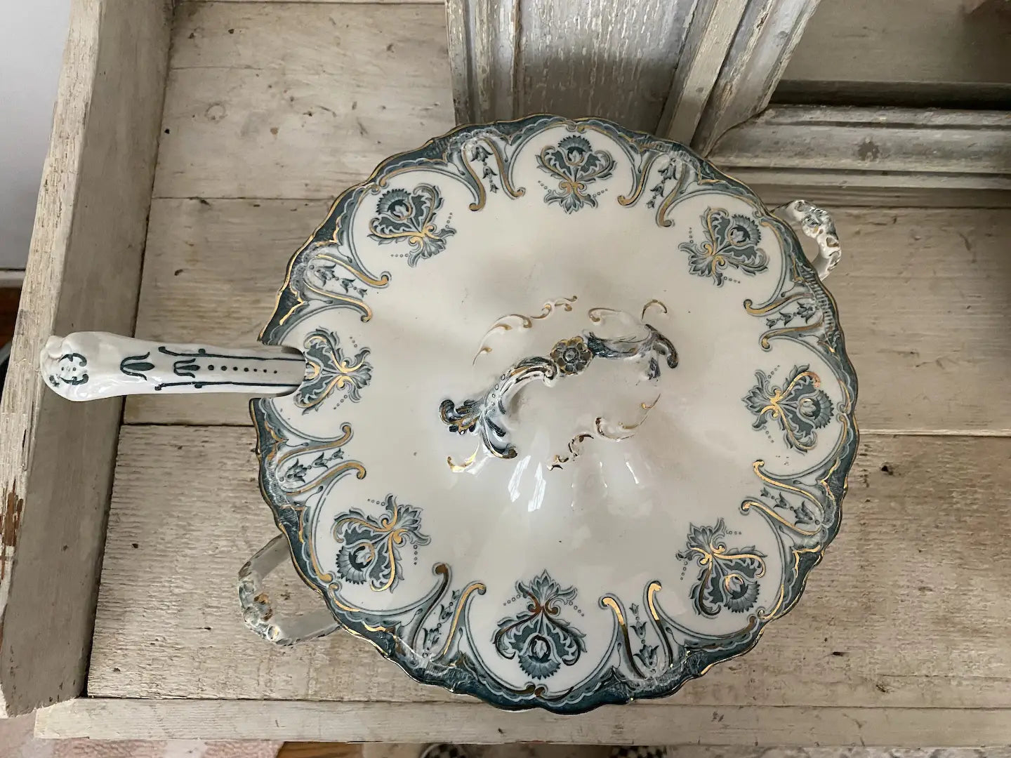 Antique Victorian Serving Soup Bowl Dish White Peacock Blue Gold