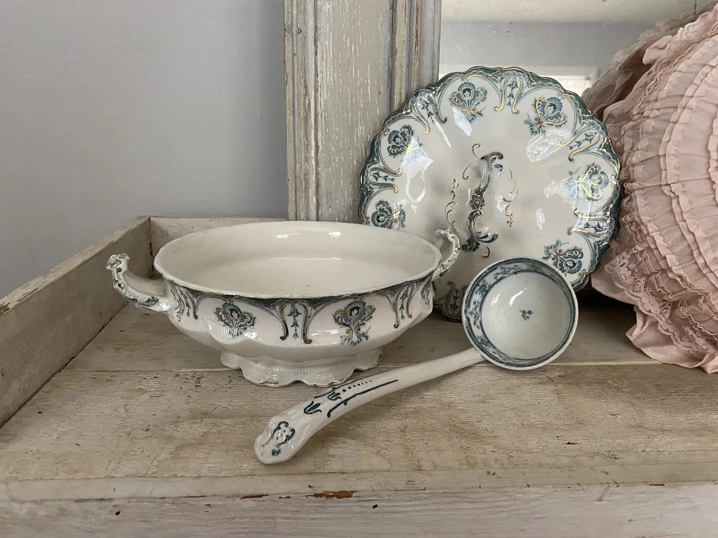 Antique Victorian Serving Soup Bowl Dish White Peacock Blue Gold