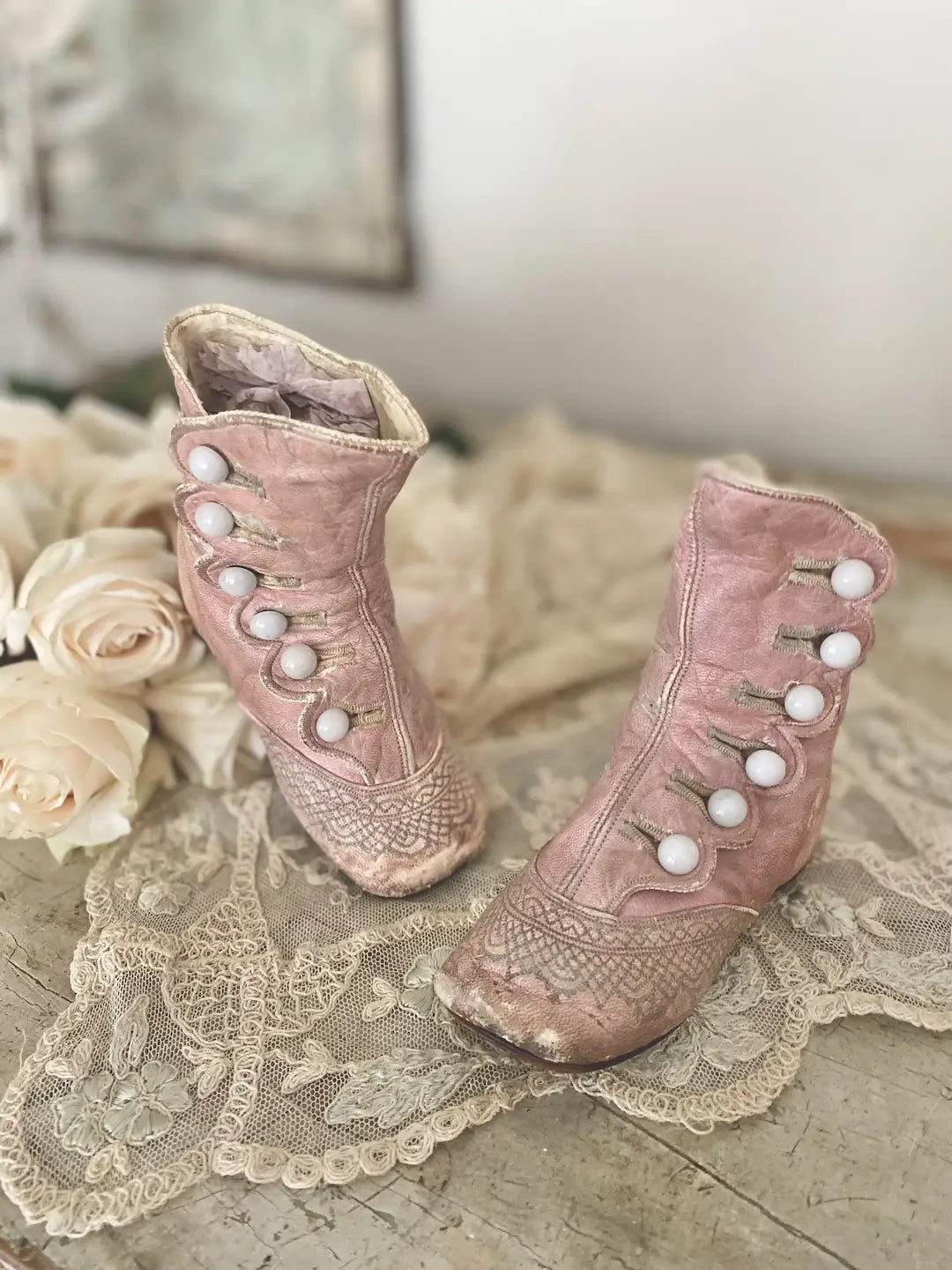 Antique Pink Leather Shoes Boots