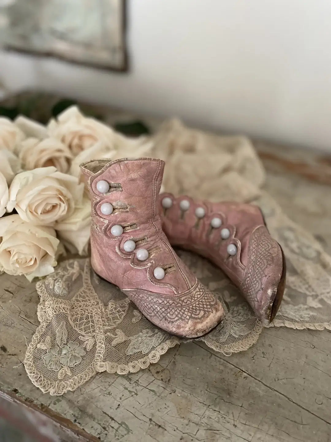 Antique Pink Leather Shoes Boots