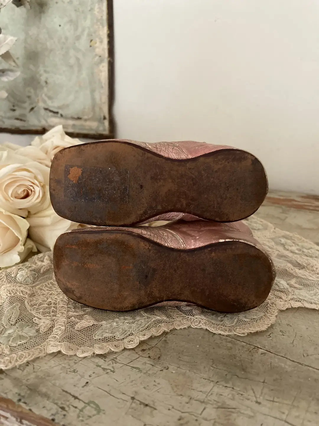 Antique Pink Leather Shoes Boots