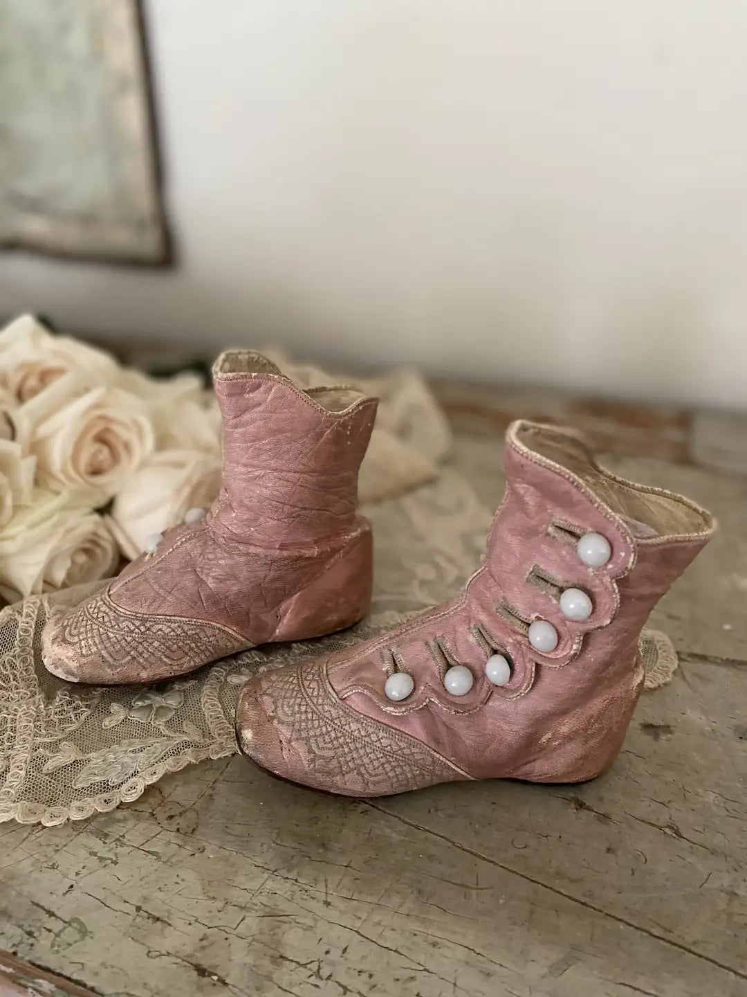 Antique Pink Leather Shoes Boots