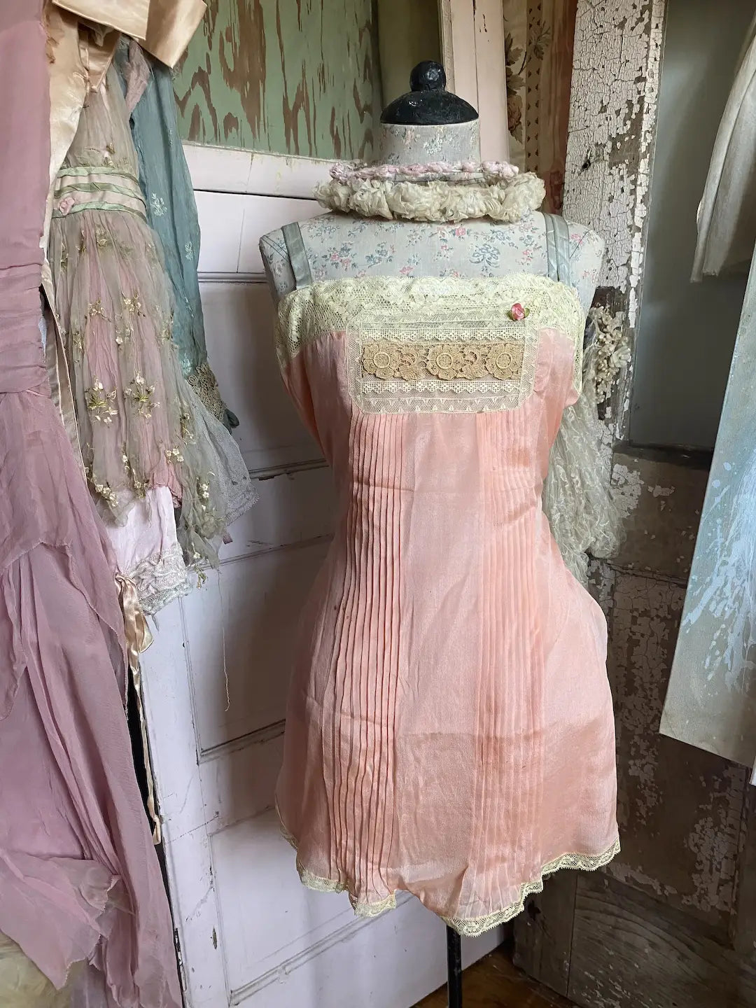 Antique 1920's Pink Silk Ribbonwork Romper