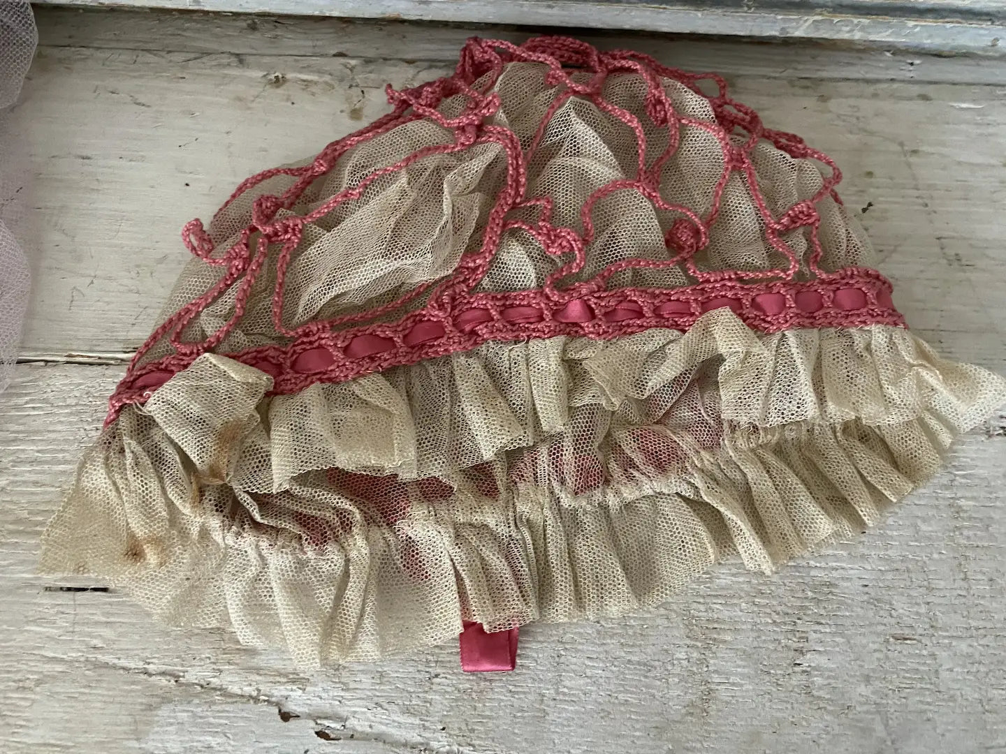 Antique Lace Boudoir Night Bonnet Cap Pink SilkLace