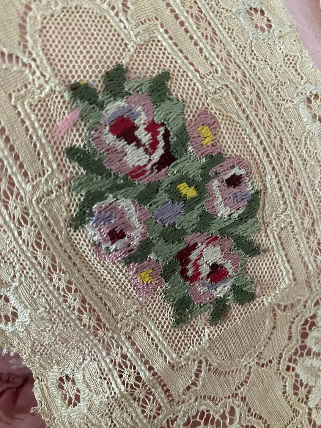 Antique Collection Lace Embroidered Silk Pink Roses Panels