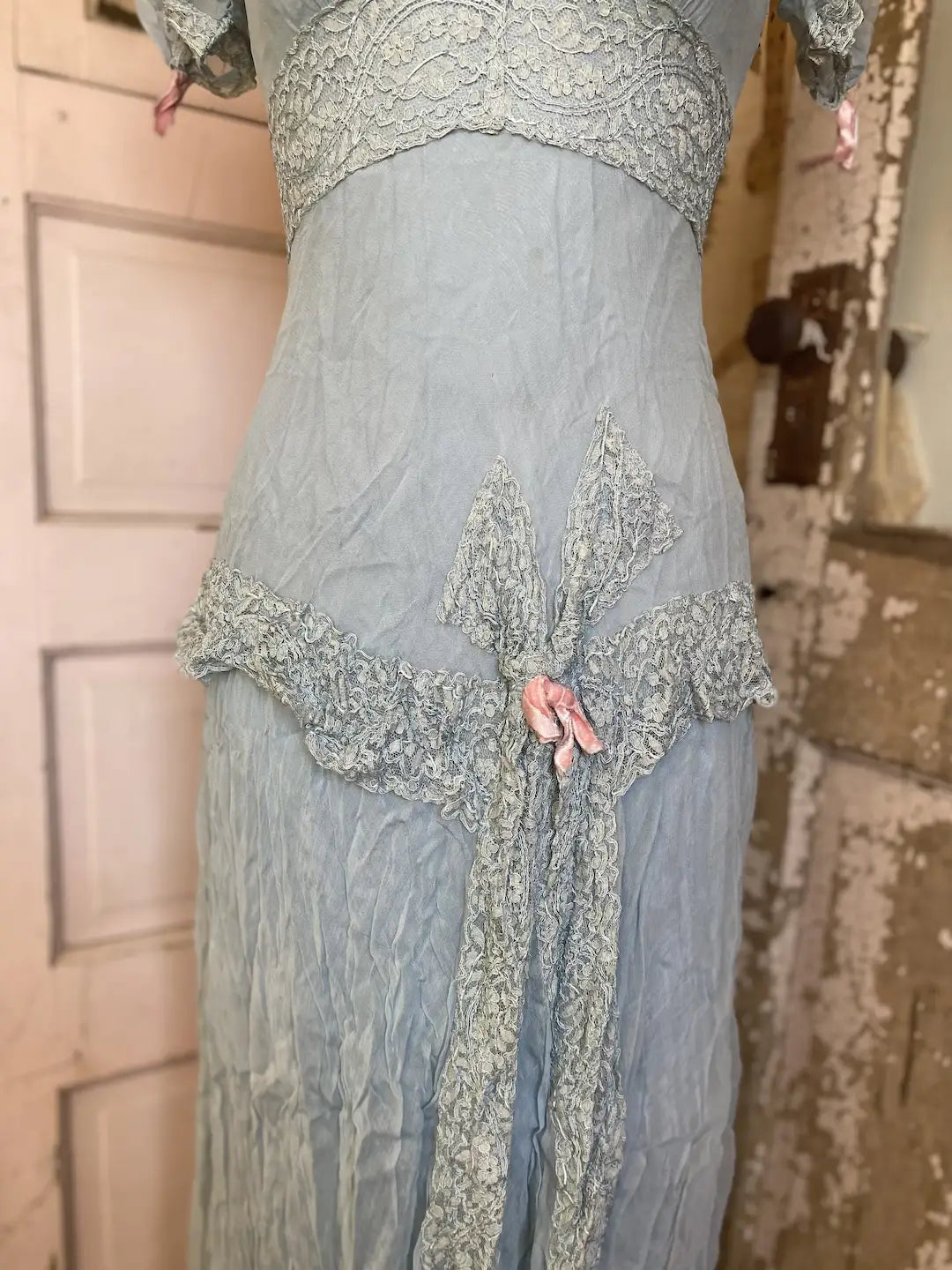 Antique Dress Blue Lace Button Down Pink Velvet Ribbons