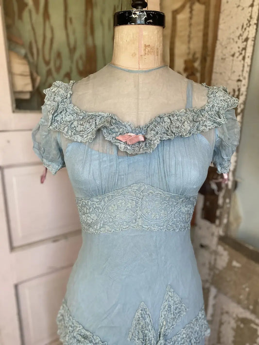 Antique Dress Blue Lace Button Down Pink Velvet Ribbons