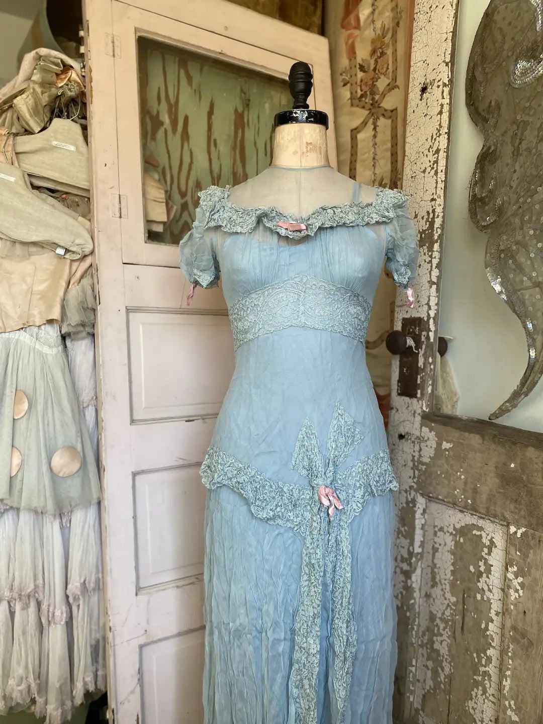 Antique Dress Blue Lace Button Down Pink Velvet Ribbons