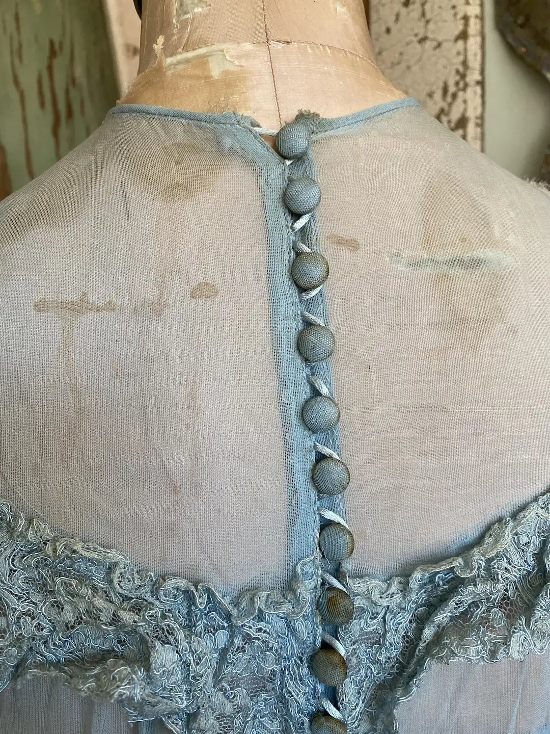 Antique Dress Blue Lace Button Down Pink Velvet Ribbons