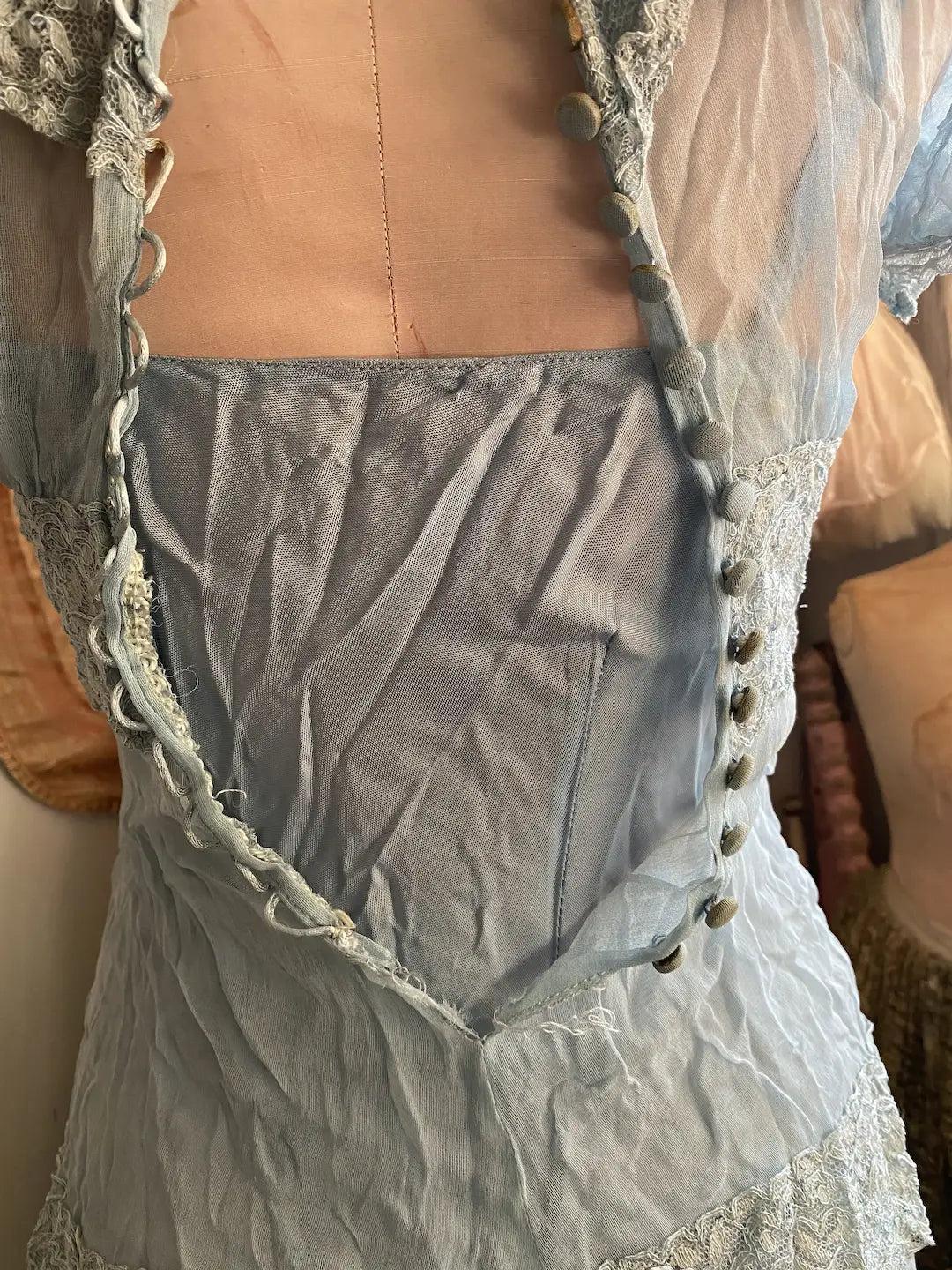 Antique Dress Blue Lace Button Down Pink Velvet Ribbons