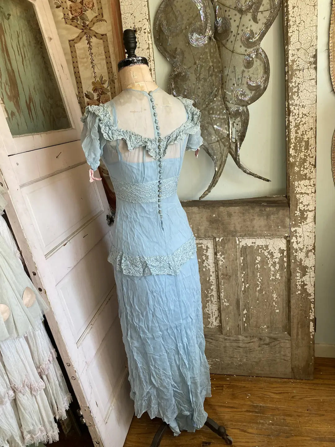 Antique Dress Blue Lace Button Down Pink Velvet Ribbons