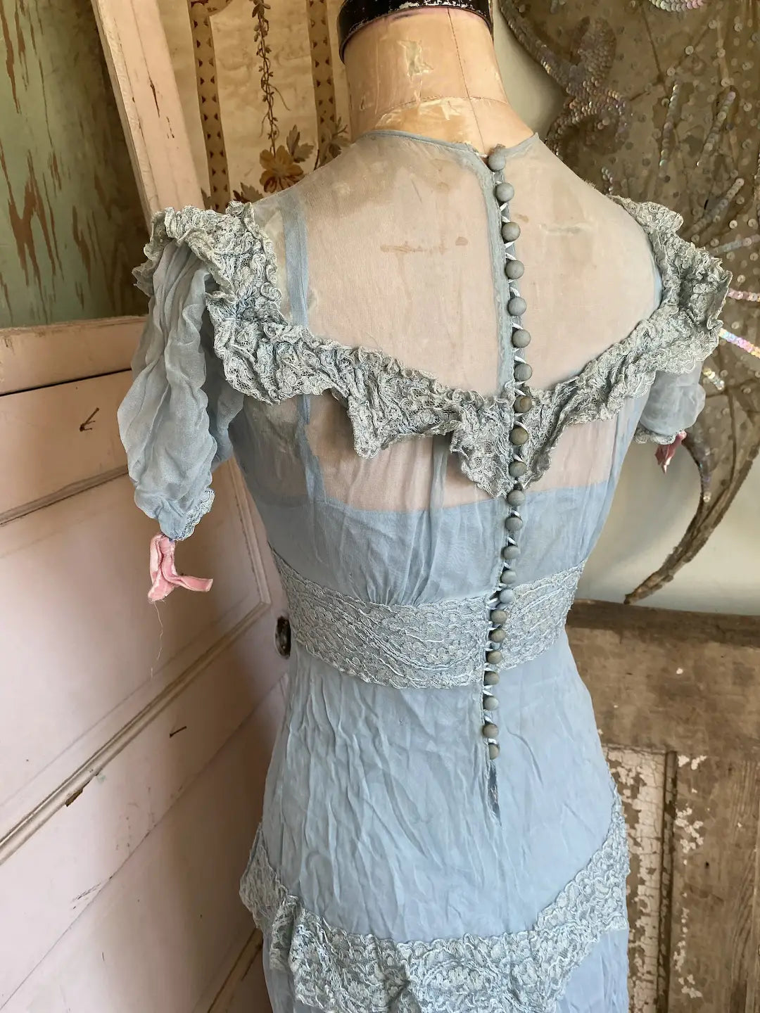 Antique Dress Blue Lace Button Down Pink Velvet Ribbons